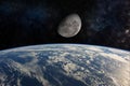 High quality Deep space iimage with the earth and the moon . Elements of this image furnished by NASA Royalty Free Stock Photo