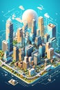 Urbanization of Digital Finance - Isometric Cityscape Constructed from Crypto Icons