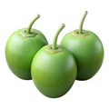 Vibrant digital render of three young green coconuts isolated on a black background Royalty Free Stock Photo