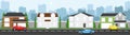 High quality horizontal background of cityscape with houses, trees, cars, road, and city silhouette. Simple 2d background for game