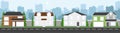 High quality horizontal background of cityscape with houses, trees, road, and city silhouette. Simple 2d background for game.