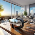 Sleek VR Headset on Minimalist Glass Table in Modern Living Room