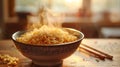 delicious asian cuisine, featuring steamy noodles in a bowl with chopsticks on the side, ready to be savored