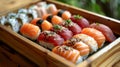 japanese sushi pieces in a traditional bento box, elegantly served on a wooden table with a clean, natural background