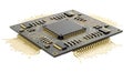 A close-up view of a computer microchip with gold connectors on a white background Royalty Free Stock Photo