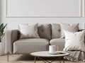 Minimalist living room mockup featuring a soft, blank pillow on a modern sofa, ideal for showcasing personalized designs or
