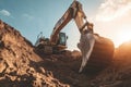 Heavy Excavator Machine Digging Earth on Construction Site with Sunlight Royalty Free Stock Photo