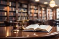 High-quality image of a serious judges gavel and legal book on wooden table in courtroom setting Royalty Free Stock Photo