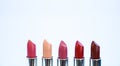 High quality lipstick. Cosmetics artistry. Lipstick for professional make up. Pick color which suits you. Compare makeup Royalty Free Stock Photo