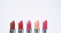 High quality lipstick. Cosmetics artistry. Lipstick for professional make up. Pick color which suits you. Compare makeup Royalty Free Stock Photo
