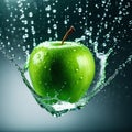 High quality macro shot of a green apple falling in the rain, water drops on the apple