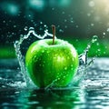 High quality macro shot of a green apple falling in the rain, water drops on the apple