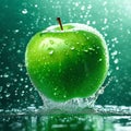 High quality macro shot of a green apple falling in the rain, water drops on the apple