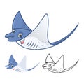 High Quality Manta Ray Cartoon Character Include Flat Design and Line Art Version Royalty Free Stock Photo