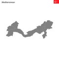 High Quality map Mediterranean region of Turkey, with borders