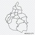 High Quality map of Mexico City is a capital United Mexican States with borders of the districts. Map of Mexico City for your we