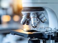 High quality microscope with multiple lenses in laboratory setting Royalty Free Stock Photo