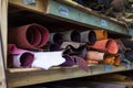 High quality multicolored dyed leather on shelves.