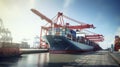 high quality photo, container ship docked at a busy port. Global transportation concept. Big ship with containers Royalty Free Stock Photo
