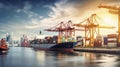 high quality photo, container ship docked at a busy port. Global transportation concept. Big ship with containers Royalty Free Stock Photo