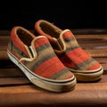 Vans Slip On: Red And Brown Yarns, Hemp Stripes, Rust - 1970s Style Royalty Free Stock Photo