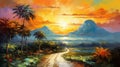 Vibrant Tropical Landscape Painting At Orange Sunset
