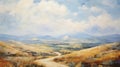 Blue Dirt Road Majestic Landscape Oil Painting With Winding Path