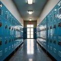 Pristine Sky-Blue Lockers in Symmetrical School Hallway Royalty Free Stock Photo