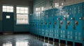 Pristine Sky-Blue Lockers in Symmetrical School Hallway Royalty Free Stock Photo