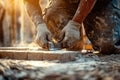 Construction Worker Hands Laying Bricks with Trowel and Cement Dust Royalty Free Stock Photo
