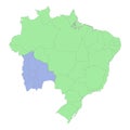 High quality political map of Brazil and Bolivia with borders of the regions or provinces.