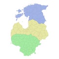 High quality political map of Lithuania,Latvia and Estonia with borders of the regions or provinces