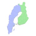 High quality political map of Sweden and Finland with borders of the regions or provinces