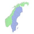 High quality political map of Sweden and Norway with borders of the regions or provinces.