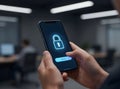 Phone security concept with digital padlock icon, secure access, biometric authentication and privacy Royalty Free Stock Photo