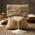 Organic White Rice in Rustic Burlap Sack Packaging AI-GENERATED Royalty Free Stock Photo