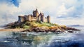 Watercolor Painting Of French Castle On Isolated Island