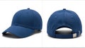 A front and back view of a blank blue baseball cap, featuring a solid color design and adjustable metal buckle strap closure Royalty Free Stock Photo