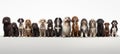 High quality studio shot of diverse group of dogs isolated on white background with copy space
