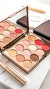 High quality studio shot of open makeup palette with blush contour and highlighter Royalty Free Stock Photo