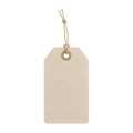 A blank rectangular beige paper gift tag with a simple brown twine loop isolated on white background isolated on white background Royalty Free Stock Photo