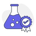 A high quality and tested icon with a beaker and a badge with a tick, representing quality, assurance, and certification