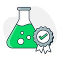 A high quality and tested icon with a beaker and a badge with a tick, representing quality, assurance, and certification