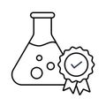 A high quality and tested icon with a beaker and a badge with a tick, representing quality, assurance, and certification