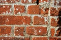 High quality texture of oldest red brick masonry with white cement mortar closeup