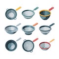 Stainless steel kitchen strainer set with colorful handles flat vector design Royalty Free Stock Photo
