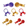 Set of Glossy Rosette Ribbons Vector: Gold, Red, and Purple, (Award, Guarantee, and Quality Badges Collection) Royalty Free Stock Photo