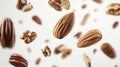 High-quality view of assorted nuts including almonds, walnuts, and pecans floating on white background Royalty Free Stock Photo
