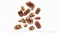 High-quality view of assorted nuts including almonds, walnuts, and pecans floating on white background Royalty Free Stock Photo