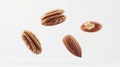 High-quality view of assorted nuts including almonds, walnuts, and pecans floating on white background Royalty Free Stock Photo
